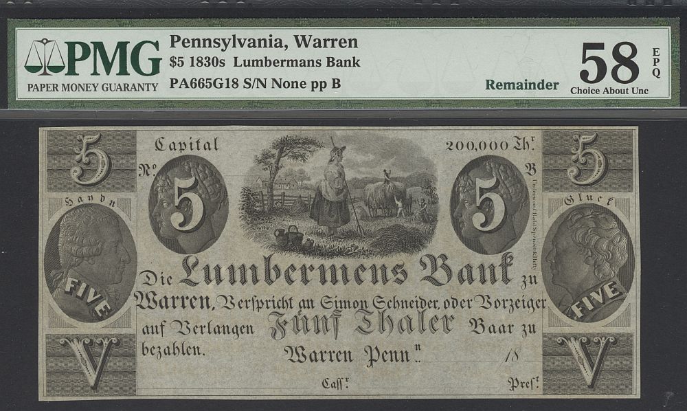 Pennsylvania, Warren, Lumbermans Bank, 18__ Remainder, $5, vChAU, PMG58-EPQ